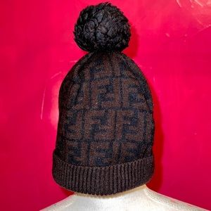 FENDI ZUCCA MONOGRAM POM-PON BEANIE HAT